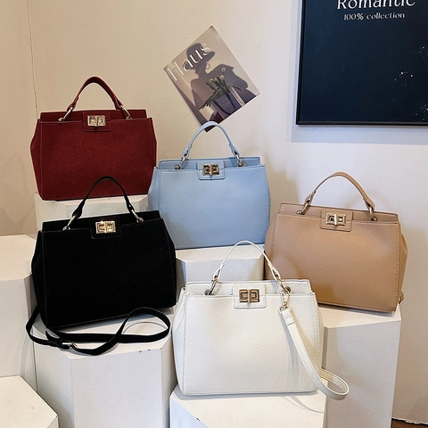 Retro Matte Synthetic Leather Shoulder Bag Women Handheld Crossbody Tote Golden Twist Lock Top Handle Versatile Elegant