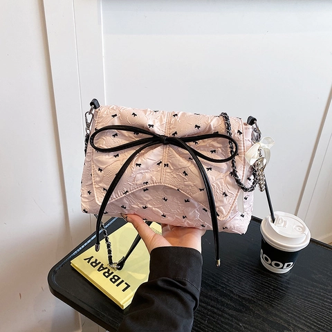 Sac À Épaule Femme Avec Nœud Cuir PU Texture Plissée Sac Bandoulière Carré Avec Chaîne Grande Capacité Simple