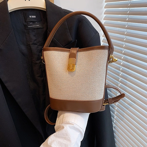 Borsa A Secchiello Retro In Tela E Pelle PU Per Donna Piccola Borsa A Mano Di Moda Con Tracolla Regolabile Crossbody