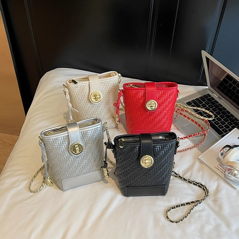 Damen Gewebte PU Leder Eimertasche Goldene Kette Drehverschluss Retro Crossbody Umhängetasche