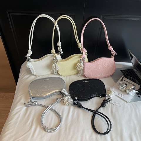 Women Underarm Bag Crinkled PU Leather Half Moon Shoulder Bag With Knot Strap And Artificial Pearl Lace Bow Charm