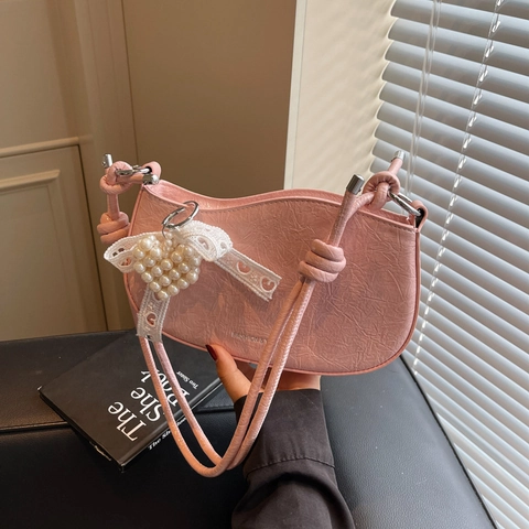 Women Underarm Bag Crinkled PU Leather Half Moon Shoulder Bag With Knot Strap And Artificial Pearl Lace Bow Charm