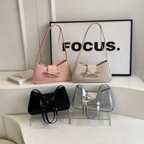 Bolso Baguette De Axila Para Mujer Con Lazo Cuero PU Color Sólido Bolso De Hombro Minimalista