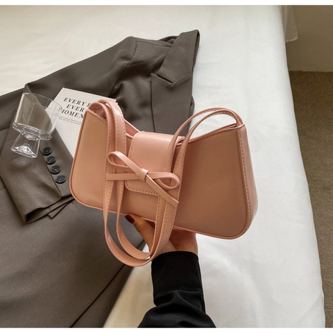 Bolso Baguette De Axila Para Mujer Con Lazo Cuero PU Color Sólido Bolso De Hombro Minimalista