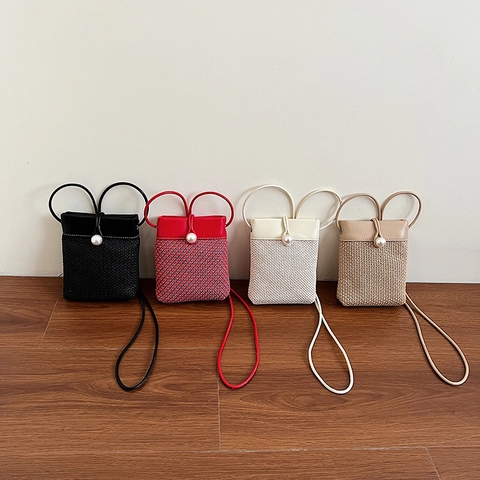 Women Mini Straw Woven Crossbody Bag PU Leather Artificial Pearl Closure Small Phone Pouch Shoulder Purse Summer Beach Casual Style