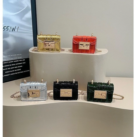 Mini Crossbody Bag PU Leather Crocodile Pattern Gold Chain Strap Small Square Flap Purse Lock Closure Trendy For Women
