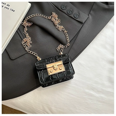 Mini Crossbody Bag PU Leather Crocodile Pattern Gold Chain Strap Small Square Flap Purse Lock Closure Trendy For Women