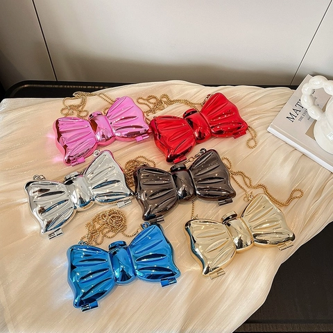 Bowknot Shape Mini Lipstick Bag Acrylic Metal Luster Chain Shoulder Bag Evening Clutch Elegant Women Fashion
