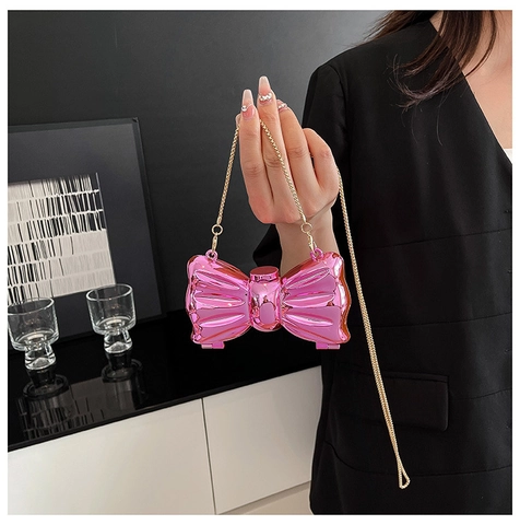 Bowknot Shape Mini Lipstick Bag Acrylic Metal Luster Chain Shoulder Bag Evening Clutch Elegant Women Fashion