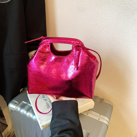Metallic PU Leder Handtasche Damen Glänzend Cut Out Griff Umhängetasche Trendy Cloud Plissee Schultertasche Große Kapazität