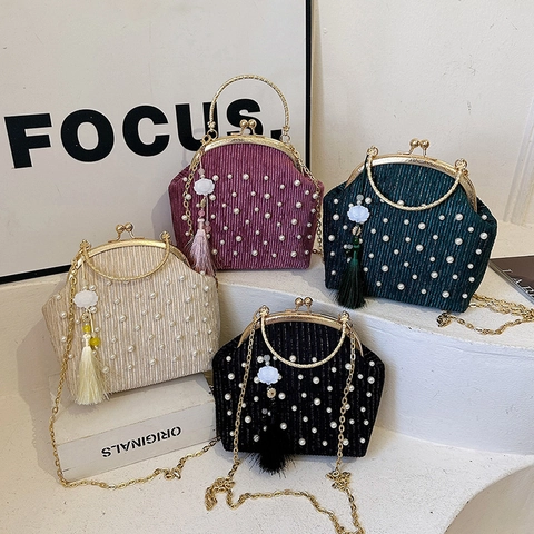 Pleat Velvet Abendtasche Faux Künstliche Perle Elegant Frauen Party Handtasche Metallgriff Kettengurt Kiss Lock Retro Clutch