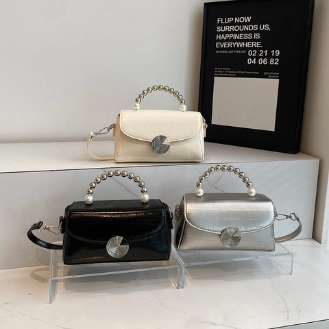 Women Mini Crossbody Bag PU Leather Artificial Pearl Beaded Handle Round Metal Lock Fashion Square Handbag Versatile Shoulder Bag