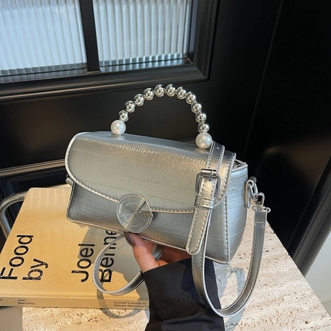 Women Mini Crossbody Bag PU Leather Artificial Pearl Beaded Handle Round Metal Lock Fashion Square Handbag Versatile Shoulder Bag