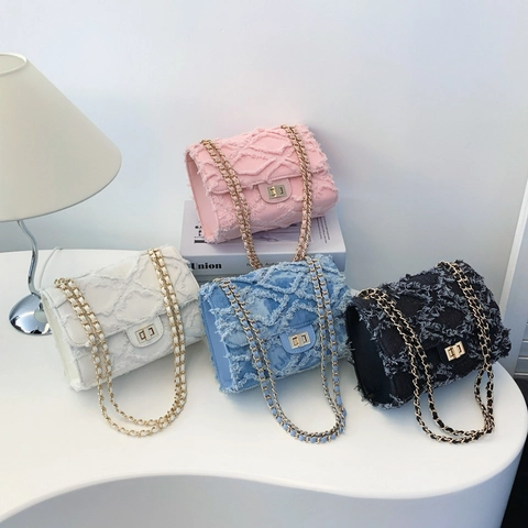 Vintage Denim Kette Umhängetasche Gesteppte Raute Muster Distressed Ausgefranste Kante Stoff Schultertasche Für Frauen Modisch