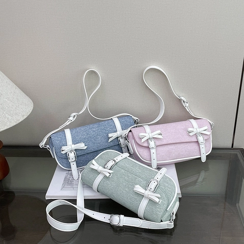 Borsa Sottobraccio Donna Fiocco Decorativo Trama Denim Pelle PU Tracolla Regolabile Borsa Vintage Per Ragazze