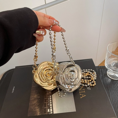 Elegant Metal Rose Flower Evening Clutch Bag 3D Floral Mirror Surface Luxury Party Crossbody Purse