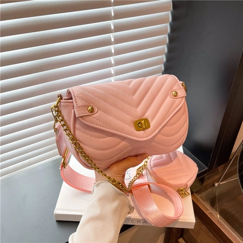 Quilted Chevron Crossbody Bag PU Leather Golden Chain With Small Round Coin Purse Fashion Daily Handbag For Women