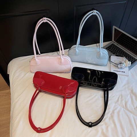Bolso De Hombro Axilar Mujer Cuero PU Brillante Gran Capacidad Cremallera Bolso Baguette Retro Color Sólido Moda Minimalista
