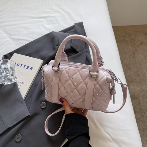 Sac À Main Boston Matelassé Femmes Cuir PU Strass Orné Motif Diamant Sac Bandoulière Élégant Mode Luxe