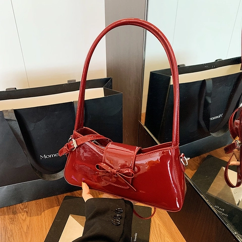 Bolso De Axila De Cuero PU Brillante Con Decoración De Lazo Elegante Bolso De Hombro De Color Sólido Para Mujer