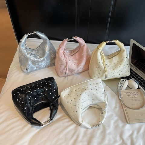 Borsa A Spalla Hobo Da Donna Pelle PU Strass Scintillante Mezzaluna Borsa Tracolla Regolabile Trendy Y2K