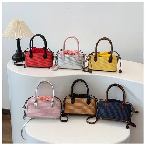 Sac À Main Tissé En Cuir PU Style Paille Cordon Sac À Épaule Été Plage Décontracté Sac Bandoulière Pour Femmes