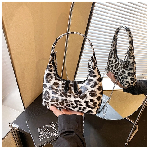 Borsa Hobo Con Stampa Leopardata Vintage In Pelle PU Verniciata Borsa Sottobraccio Con Catena In Metallo Per Donna