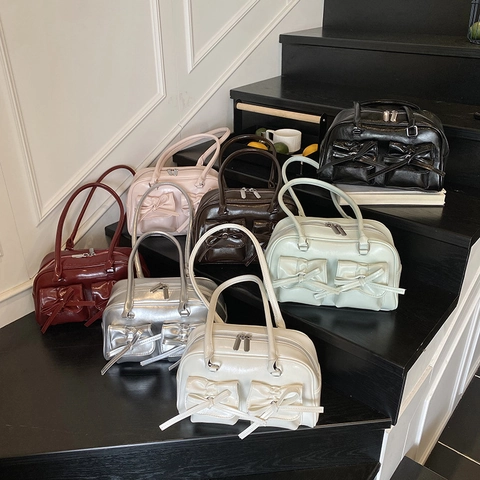 Women Bow Decor Shoulder Bag PU Leather Shiny Retro Bowling Handbag Underarm Tote With Front Pockets