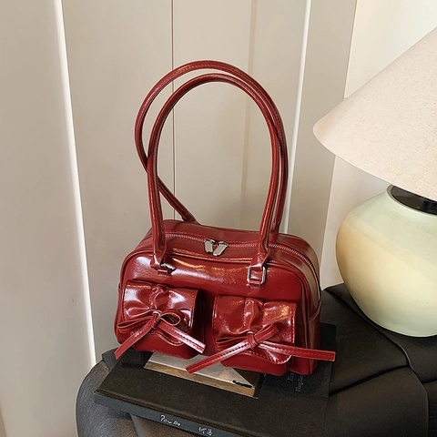 Women Bow Decor Shoulder Bag PU Leather Shiny Retro Bowling Handbag Underarm Tote With Front Pockets
