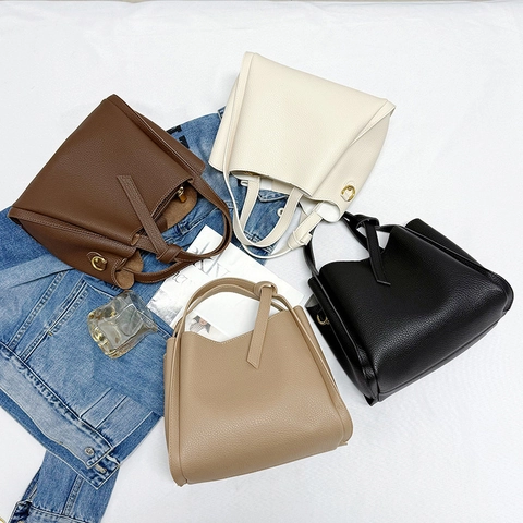 Bolso De Mano Para Mujer De Cuero PU Grano De Guijarro Bolso Tote Minimalista Vintage Con Mango Anudado Y Herrajes Dorados
