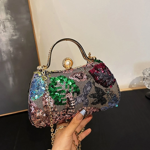 Borsa Da Sera Vintage Con Paillettes E Manico In Metallo Perla Artificial Pochette Rigida Ricamata Floreale Da Donna Festa