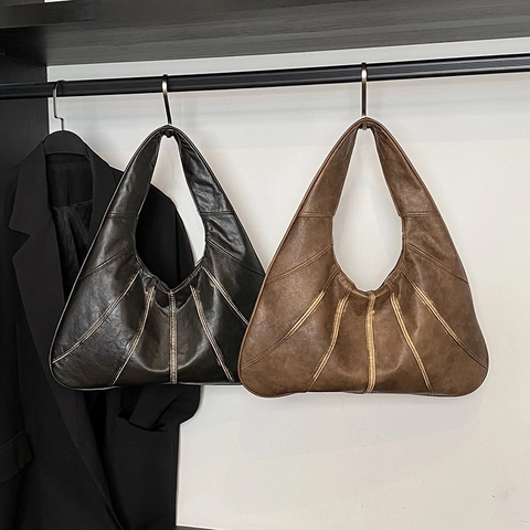 Bolso Hobo De Cuero PU Retro Gran Capacidad Patchwork Bolso De Hombro Axila Para Mujeres Estilo Minimalista Color Sólido