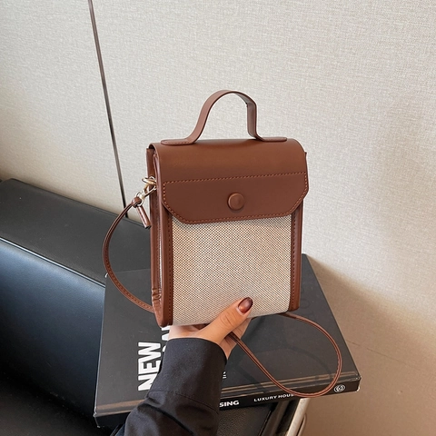 Minimalist Canvas PU Leather Patchwork Crossbody Bag Color Block Retro Handbag With Top Handle For Women