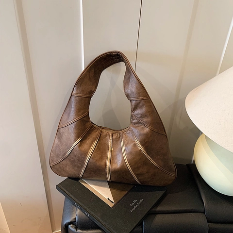 Bolso Hobo De Cuero PU Retro Gran Capacidad Patchwork Bolso De Hombro Axila Para Mujeres Estilo Minimalista Color Sólido