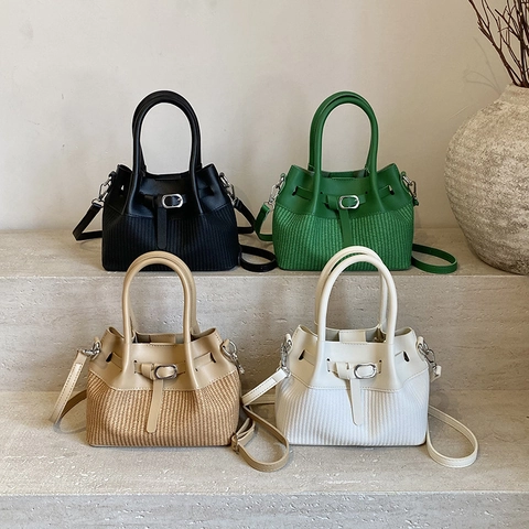 Borsa A Secchiello Giuntata Donna Pelle PU E Trama Intrecciata Borsa A Mano Con Tracolla Regolabile Fibbia In Metallo Moda