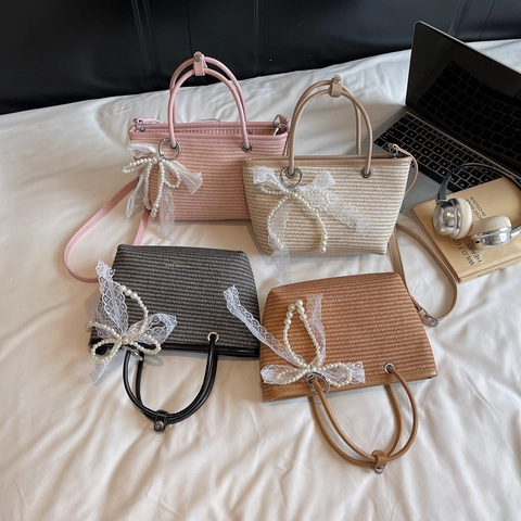 Women Straw Woven Handbag Artificial Pearl Lace Bow Vacation Shoulder Crossbody Bag Stylish PU Trim Summer Beach Tote