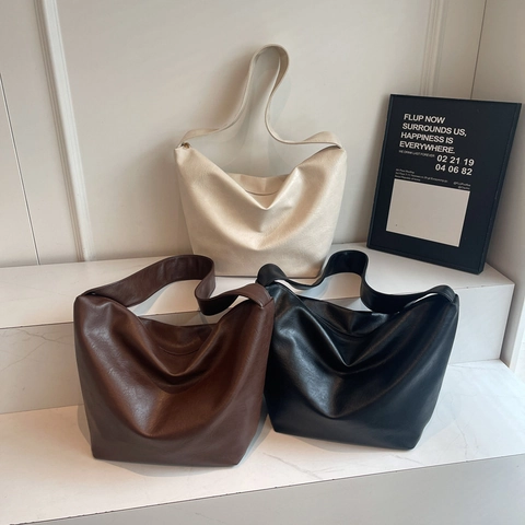 Large Capacity Tote Bag PU Leather Soft Hobo Shoulder Bag Minimalist Commuter Handbag For Women Vintage Wide Strap