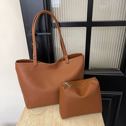 Damen Shopper Handtasche PU Leder Lychee Muster Große Kapazität Mit Passender Tasche Vintage Schultertasche