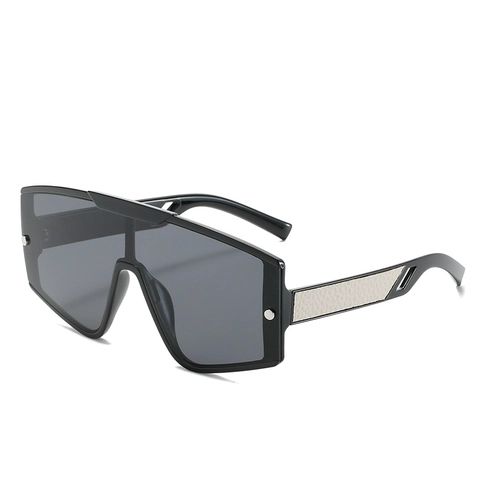 Oversized Shield Sunglasses UV400 One Piece Lens PC Frame With Faux Leather Textured Temples Fashion Eyewear Unisex