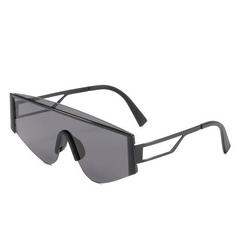 Oversized Shield Zonnebril Uit Eén Stuk Lens Metalen Frame Holle Tempel UV400 Bescherming Futuristische Mode Brillen