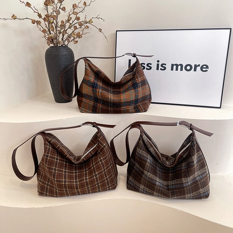 Borsa Hobo Vintage A Quadri Grande Capacità Tote In Tessuto Di Lana Con Tracolla In Pelle PU Regolabile Per Donna Casual Quotidiano