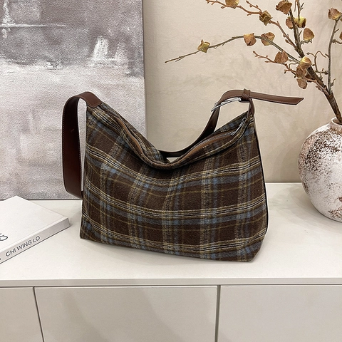 Borsa Hobo Vintage A Quadri Grande Capacità Tote In Tessuto Di Lana Con Tracolla In Pelle PU Regolabile Per Donna Casual Quotidiano