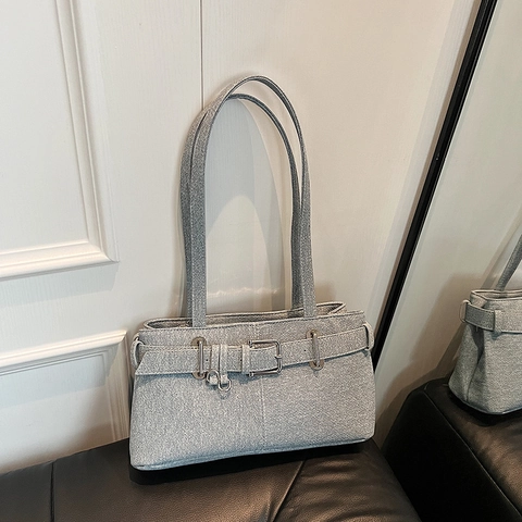 Vintage Denim Schoudertas Retro Y2K Okseltas Met Metalen Gesp Casual Chique Voor Dames Blauw