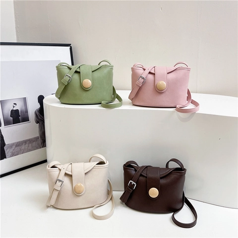 Women PU Leather Crossbody Bucket Bag With Decorative Round Buckle Adjustable Strap Versatile Casual Solid Color Handbag