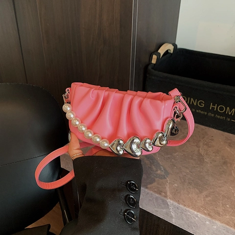 Women Pleated Cloud Bag PU Leather Artificial Pearl Heart Decor Handle Fashion Crossbody Shoulder Handbag Elegant Versatile Mini Square