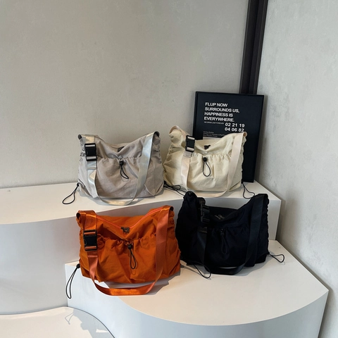 Large Capacity Nylon Shoulder Crossbody Bag Drawstring Urban Techwear Tote With Wide Adjustable Strap Buckle