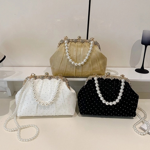 Elegante Abend Clutch Tasche Plissee Stoff Strass Blumen Dekor Künstliche Perle Griff Umhängetasche Für Hochzeit Party