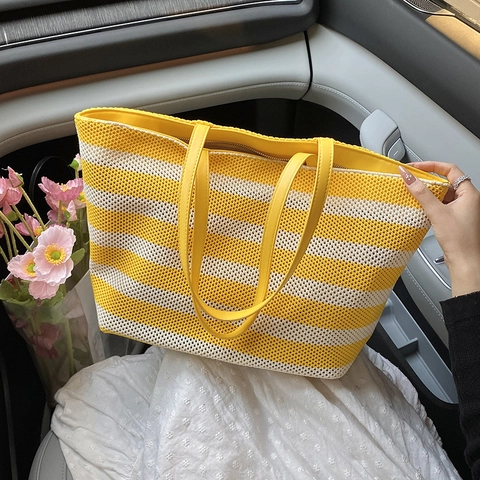 Große Gestreifte Gewebte Tragetasche Für Damen Kontrastfarbe Sommer Strand Handtasche Mit Robusten PU Ledergriffen Reißverschluss