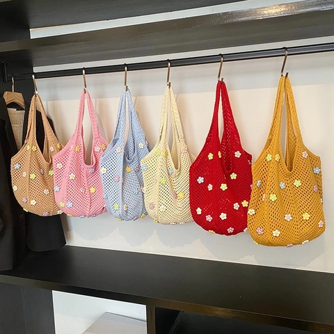 Borsa Tote All'Uncinetto Maglia Traforata Con Fiori 3D Grande Capacità Borsa Da Spiaggia Estiva Sweet Cottagecore Per Donne