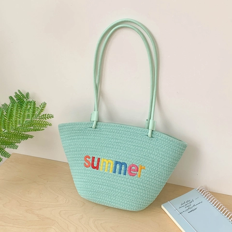 Sommer Stroh Tragetasche Gewebte Schultertasche Bunte Buchstaben Stickerei Große Kapazität Urlaubsstil